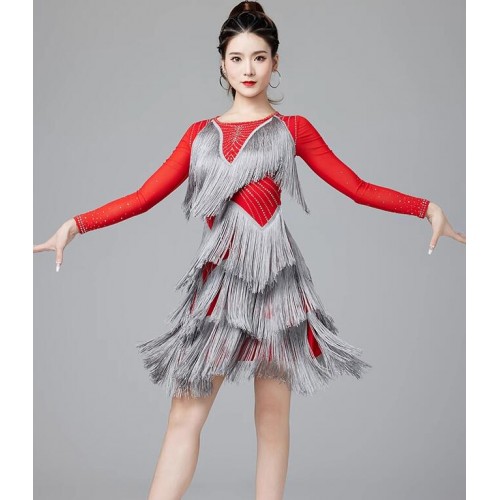 Black red royal blue with silver fringe competition latin dance dresses for women girls salsa rumba ballroom tango modern dance costumes for female